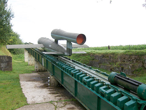 German World War Two launching ramp with flying bomb / doodlebug at the V1  launch site at Ardouval / Val Ygot, Normandy, France Stock Photo - Alamy