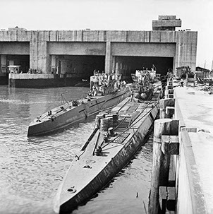 Two German u-boats in front of bunker in Trondheim in Norway after the war